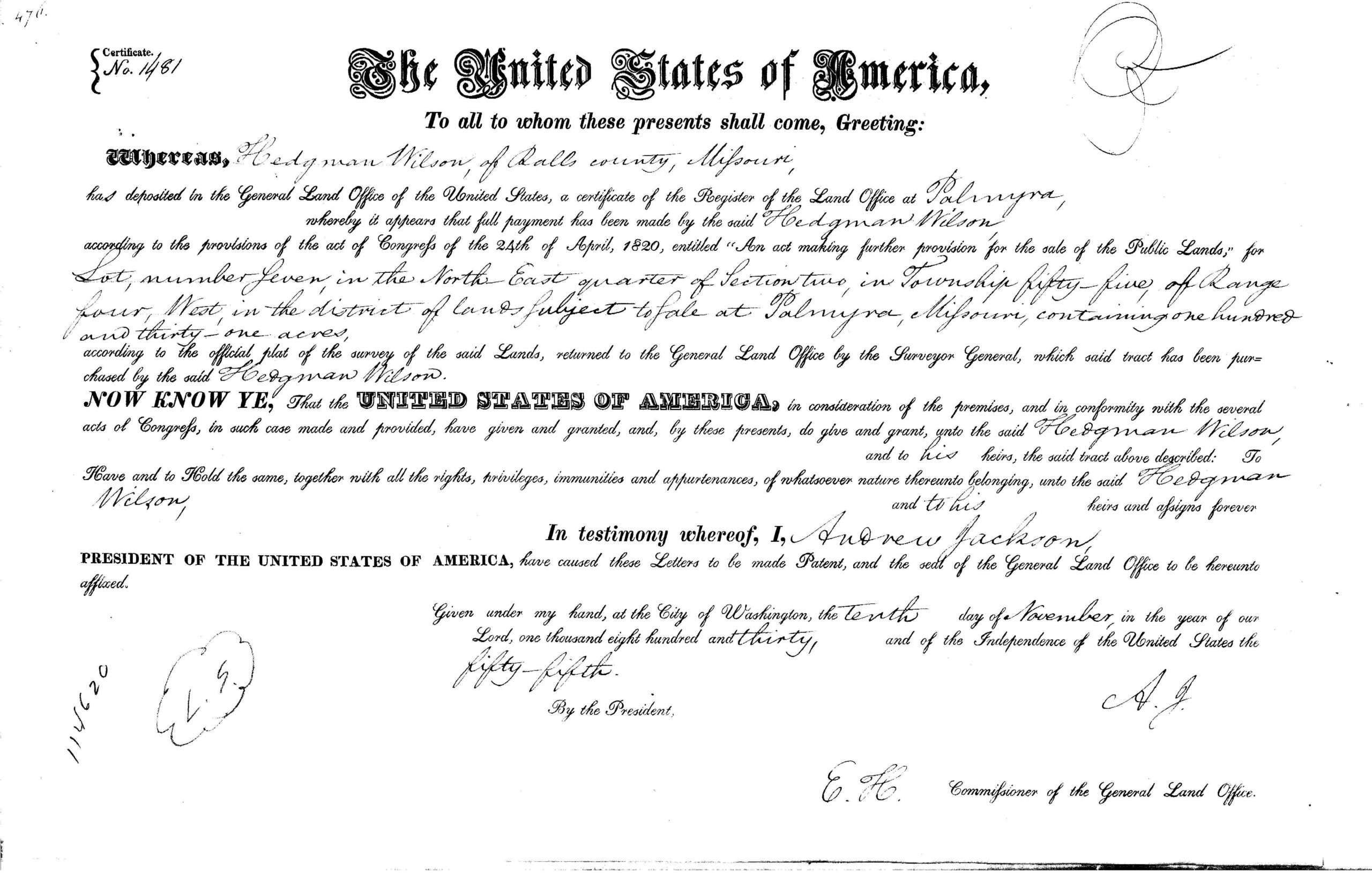 1830 Land Patent