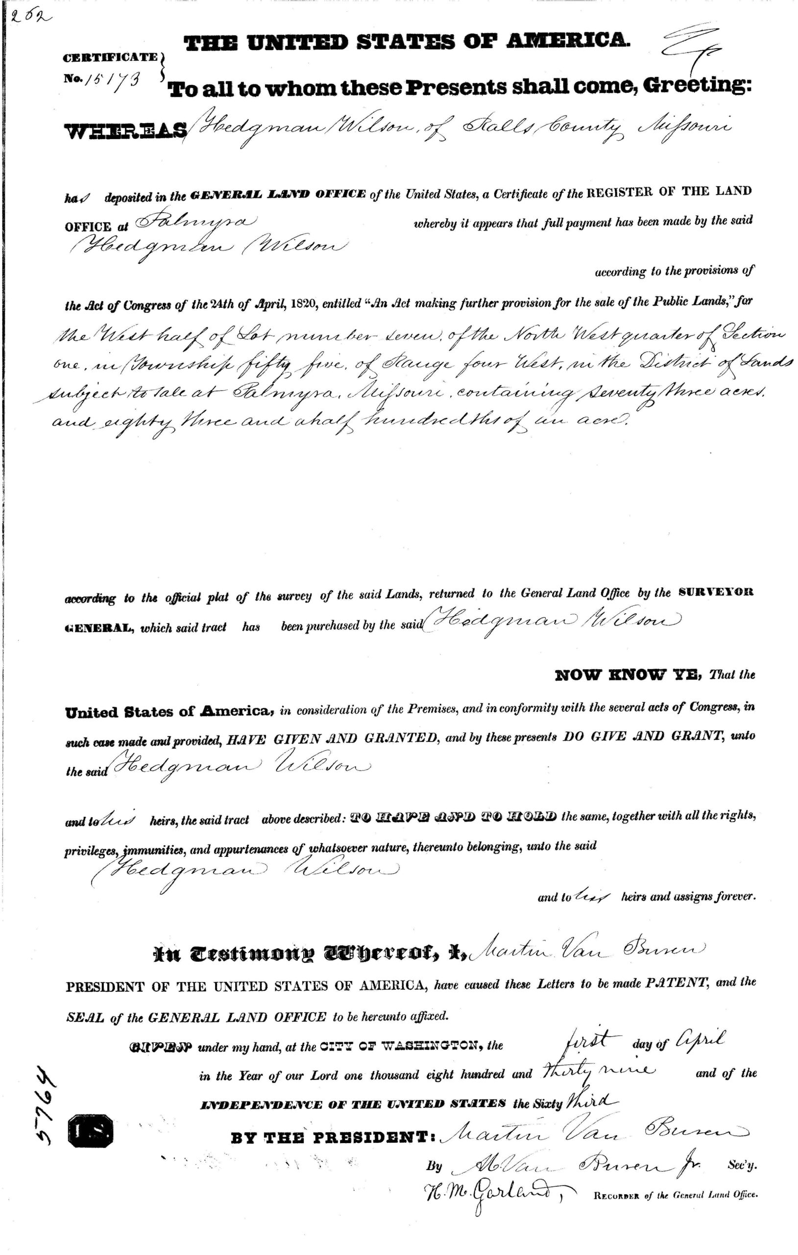 1839 Land Patent